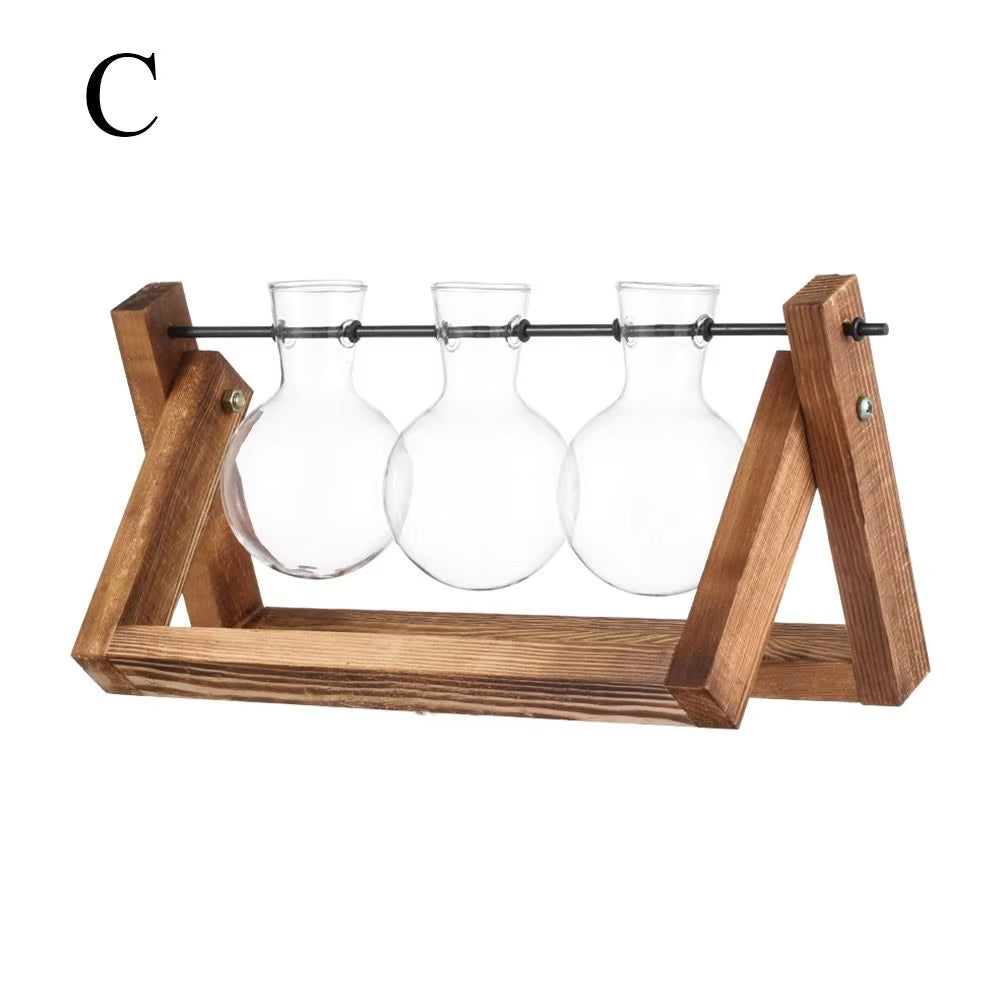 Hydroponic Plant Vases Glass Vase Vintage Bonsai Flower Pot Terrarium Tabletop Tray Wooden Frame Home Decor