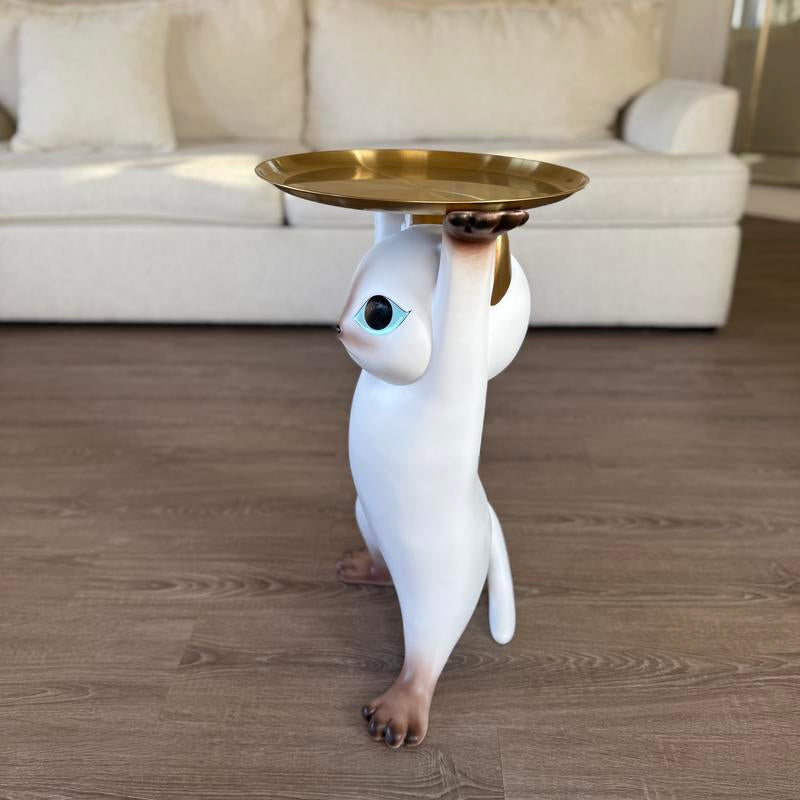 Modern Resin Cat Side Table with Gold Tray – Decorative