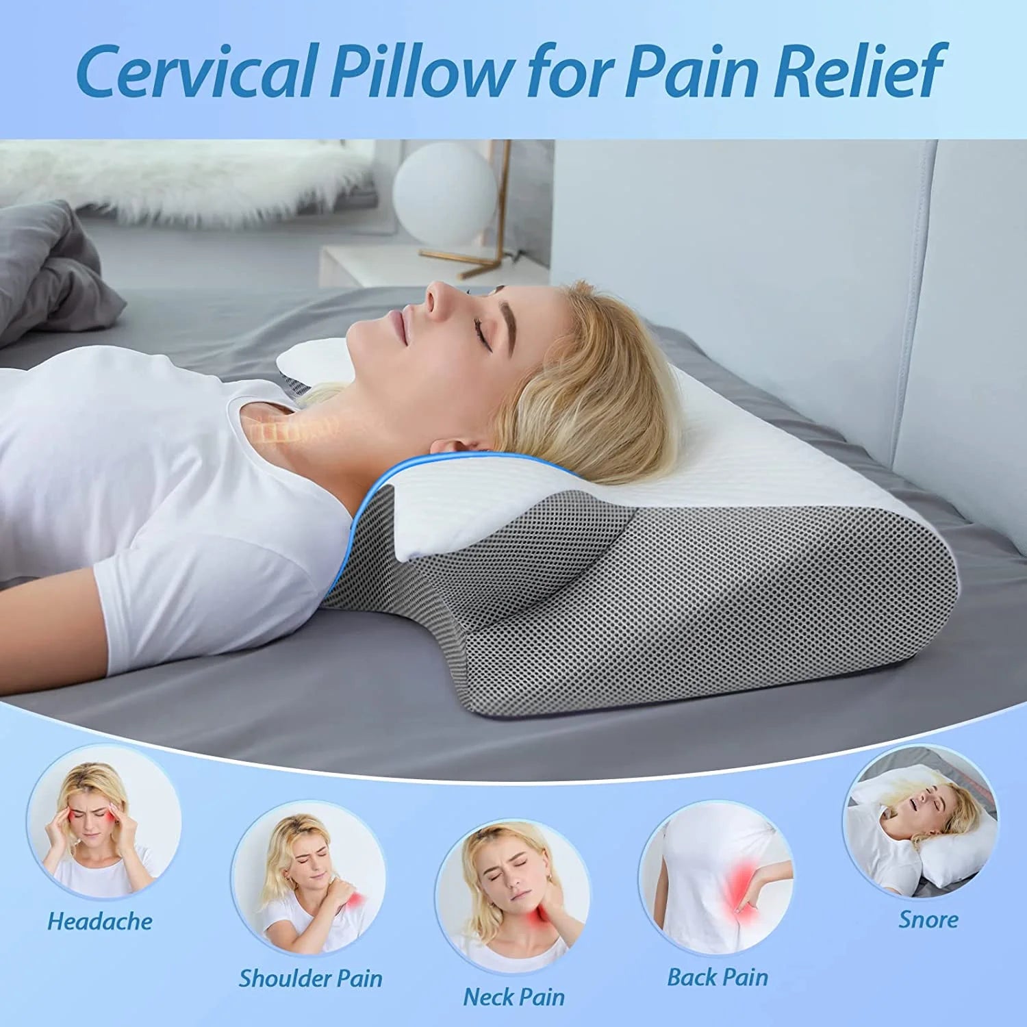 Ergonomic Memory Foam Cervical Pillow - 2-in-1 Contoured Orthopedic Support for Neck Pain Relief, Ideal for Side, Back, and Stomach Sleepers (Gray, 3.3 lbs)