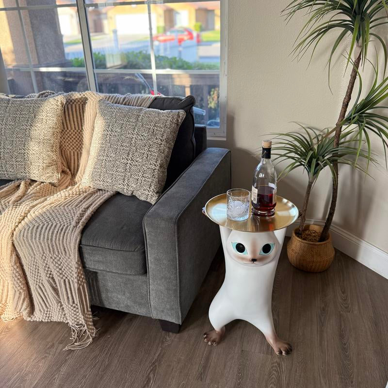 Modern Resin Cat Side Table with Gold Tray – Decorative