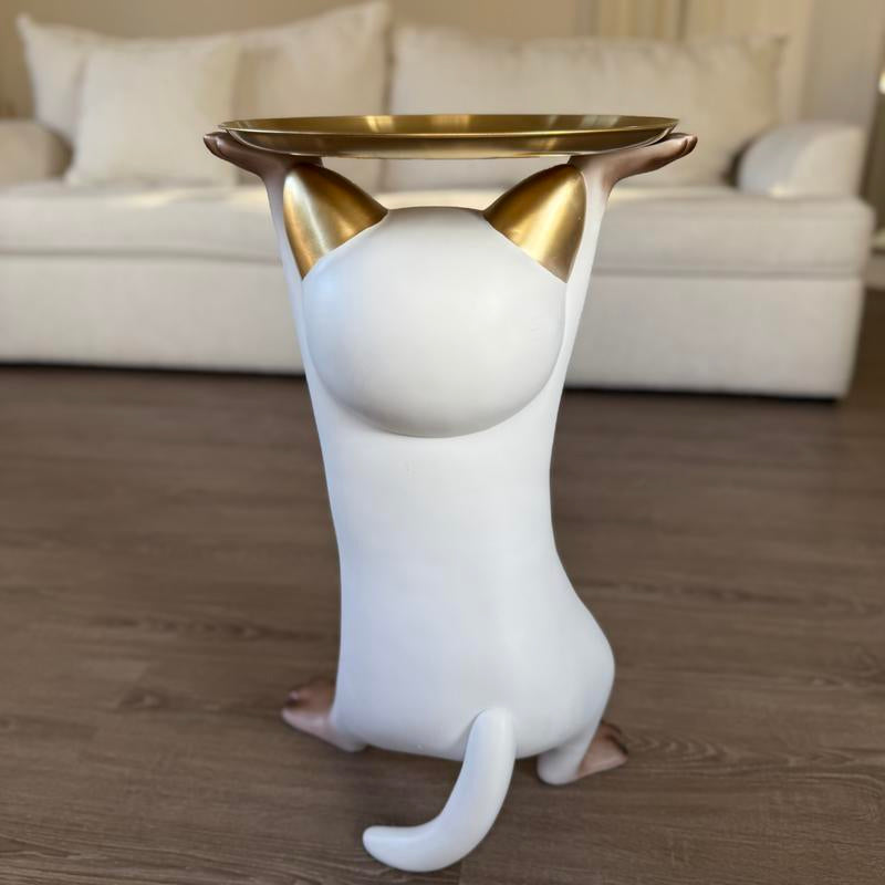 Modern Resin Cat Side Table with Gold Tray – Decorative