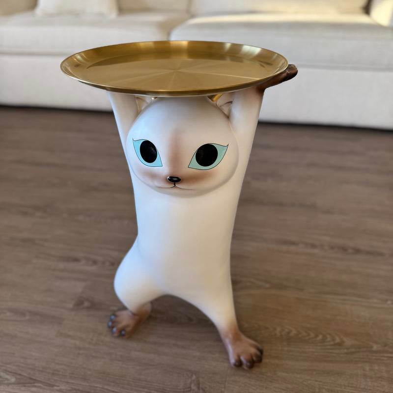 Modern Resin Cat Side Table with Gold Tray – Decorative